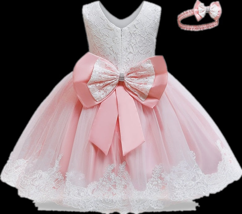 G20260 white and pink flower girl/party dress with matching headband. Age 1