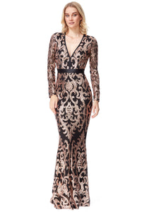 10200 black and gold Maxi length, long sleeves, plunging v neckline. Size 8