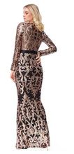 10200 black and gold Maxi length, long sleeves, plunging v neckline. Size 8