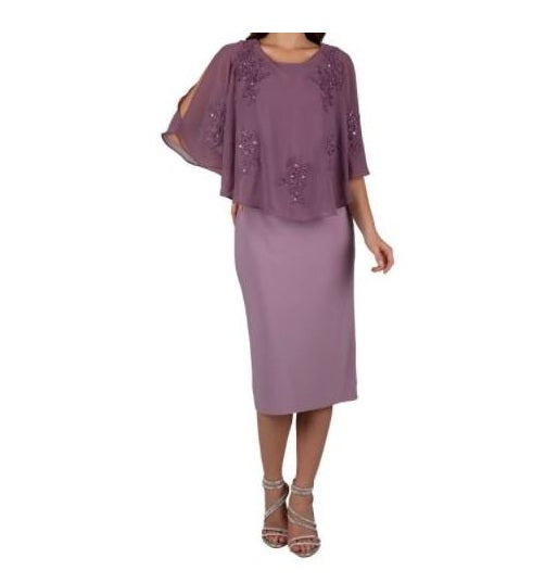 10646 Mauve stretch fabric dress with chiffon overtop.