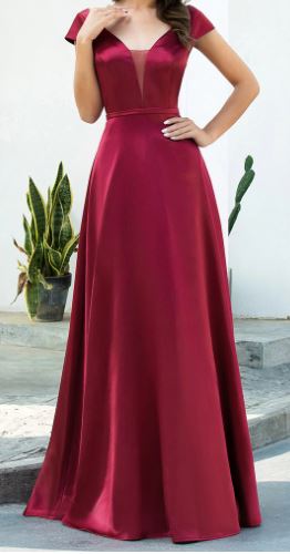 10704 burgundy satin a line capped sleeve. Size 18