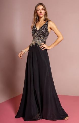10770 black chiffon and beaded detail. Open back
