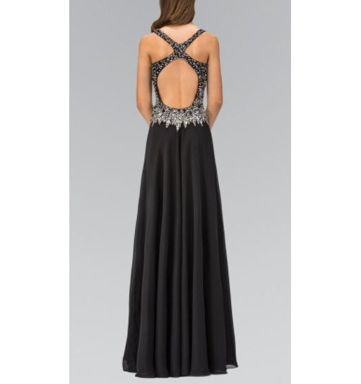 10770 black chiffon and beaded detail. Open back