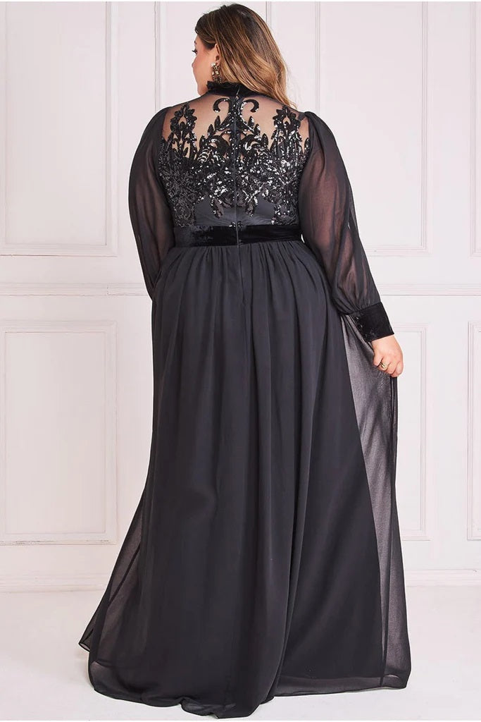 10955B. Black chiffon maxi. Long sleeves and sequin bodice. Size 16