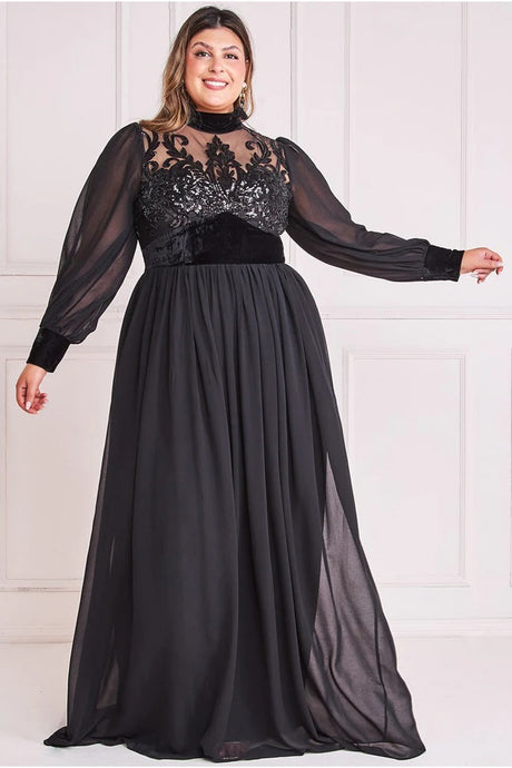 10955B. Black chiffon maxi. Long sleeves and sequin bodice. Size 16