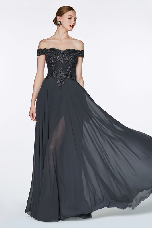 10966 Charcoal off the shoulder lace bodice gown with flowy skirt.