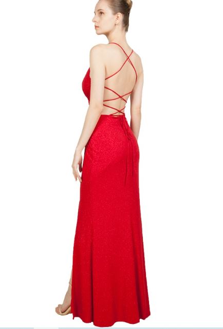 11080R Soft red sparkle low open back.  V neck. Split.