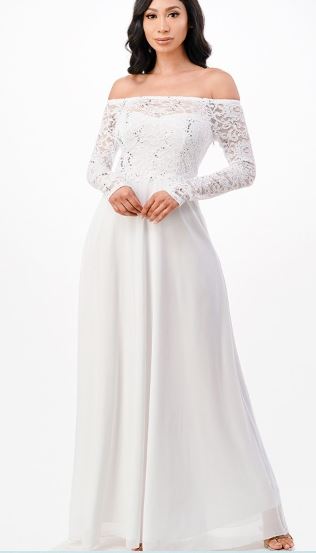 11105 White A line chiffon, lace off shoulder sleeves and bodice. Size 14
