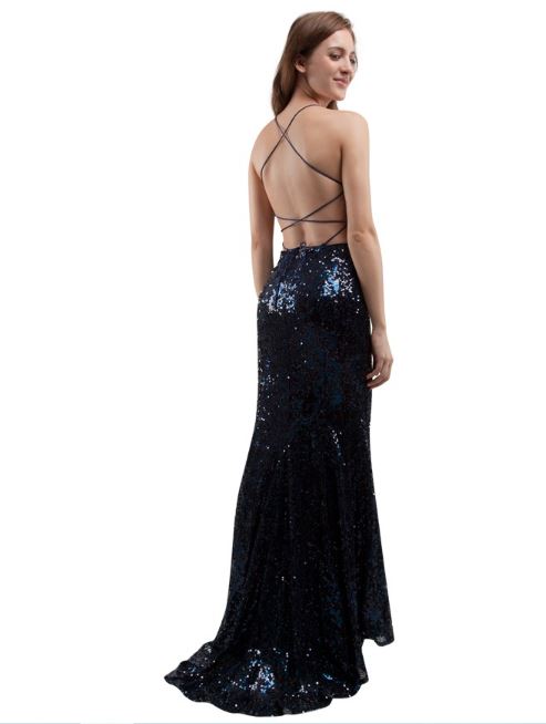 11132N Soft navy stretch sequin. Low open back.