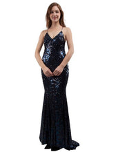 11132N Soft navy stretch sequin. Low open back.
