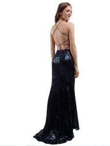11132N Soft navy stretch sequin. Low open back. Size 6.