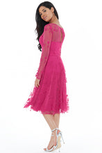 11135 Cerise soft tulle and lace. Long sleeve midi dress. Size 10.