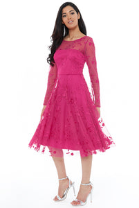 11135 Cerise soft tulle and lace. Long sleeve midi dress. Size 10.