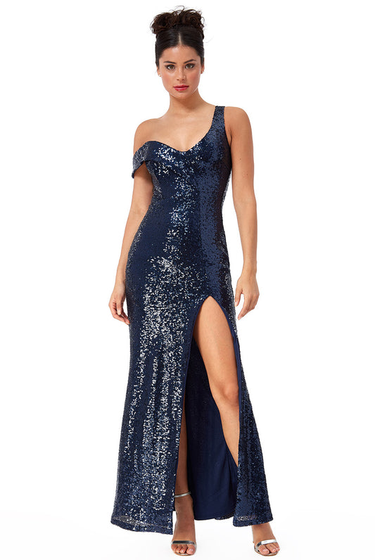 11137 Navy sequin one shoulder with split. Size 10