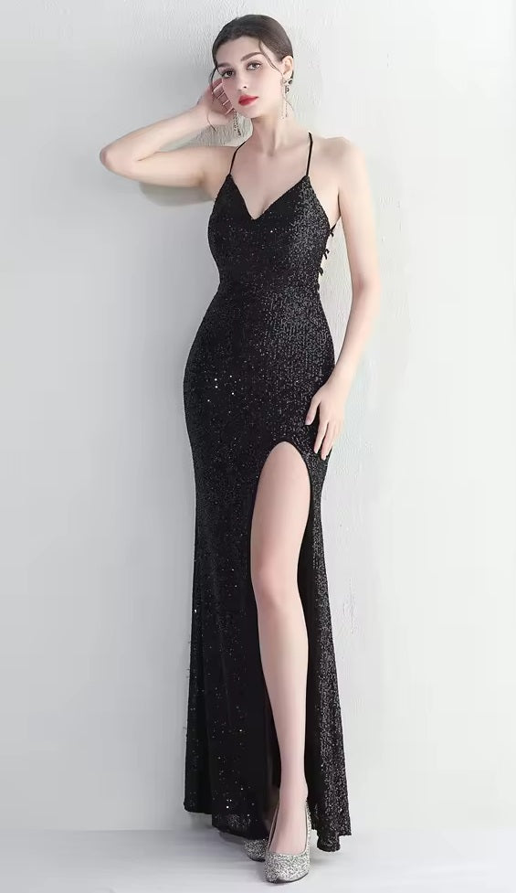 11140BK Black soft stretch sequin. Low open back