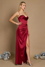 11159BG Burgundy satin. Fitted. Corset. Lace up back. Size 10.