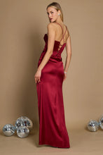 11159BG Burgundy satin. Fitted. Corset. Lace up back. Size 10.