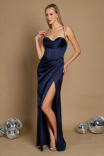 11159 Navy blue satin. Fitted. Corset. Lace up back. Size 6.