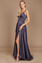 11161C Charcoal. A-line  satin gown. Split and deep sweetheart. Size 6
