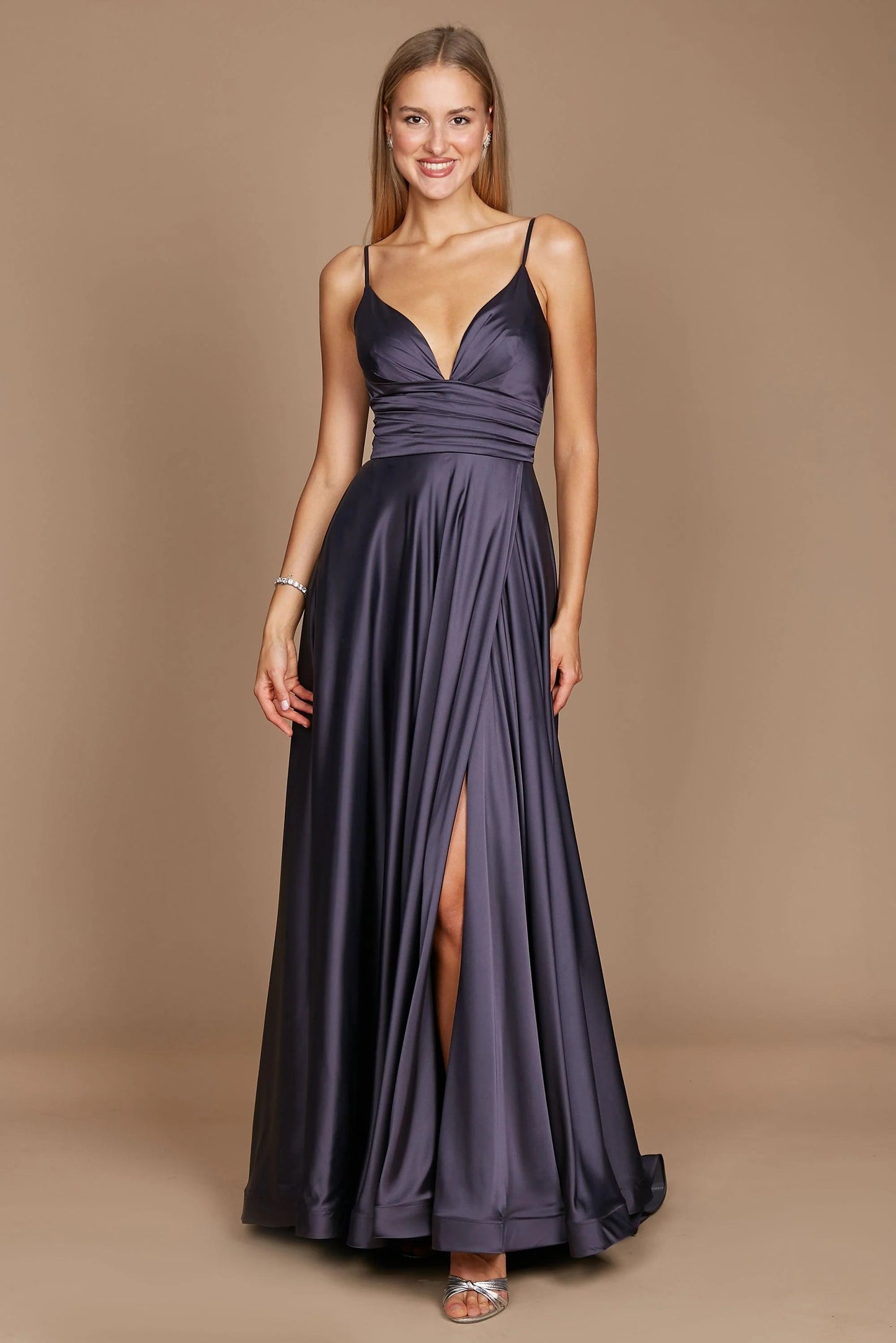 11161C Charcoal. A-line  satin gown. Split and deep sweetheart. Size 6