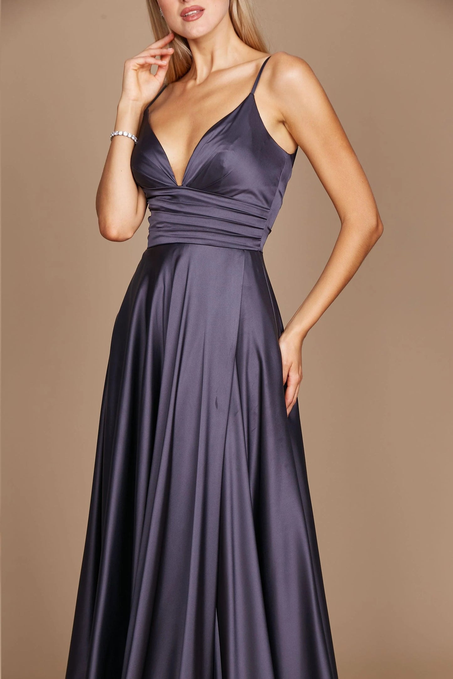 11161C Charcoal. A-line  satin gown. Split and deep sweetheart. Size 6