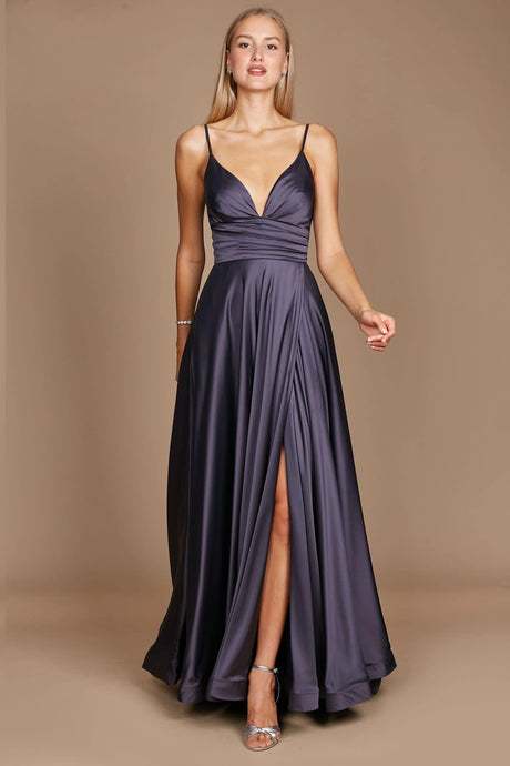11161C Charcoal. A-line  satin gown. Split and deep sweetheart. Size 6