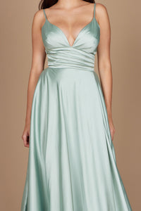 11161 Sage A-line  satin gown. Split and deep sweetheart. Size 4.