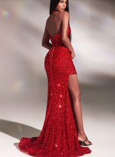 10966B Red soft sequin halter gown. Size 10