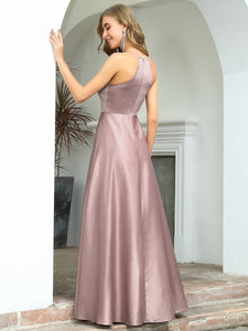 11202 Dusty pink satin with A-line skirt. High elegant neck line. Size 12