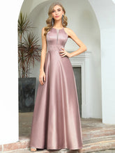 11202 Dusty pink satin with A-line skirt. High elegant neck line. Size 12