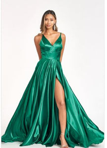 11203 Emerald. A-line  satin gown. Split and V neck. Size 18
