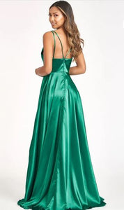 11203 Emerald. A-line  satin gown. Split and V neck. Size 18