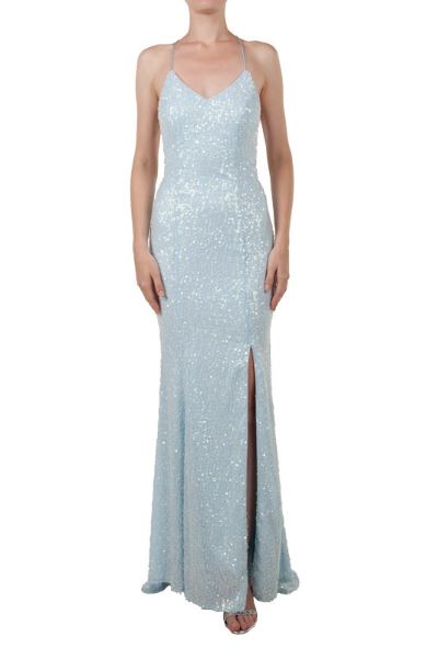 11210B pale blue shimmer sequins. Low lace up back.  V neck.  Split size 12