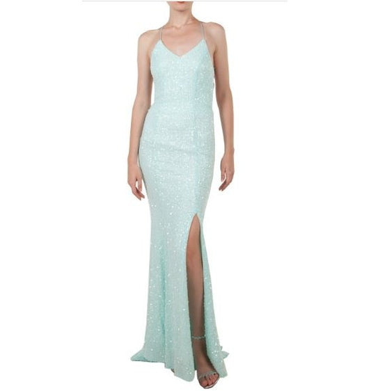 11210 Pale blue/green shimmer sequins. Lace up back. HIRE