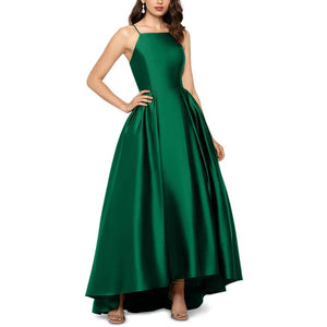 11213 Emerald satin a line, full skirt, shoe-string straps. size 8