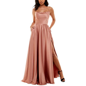 11215 Mocha. A-line satin dress with cowl neck and lace up back
