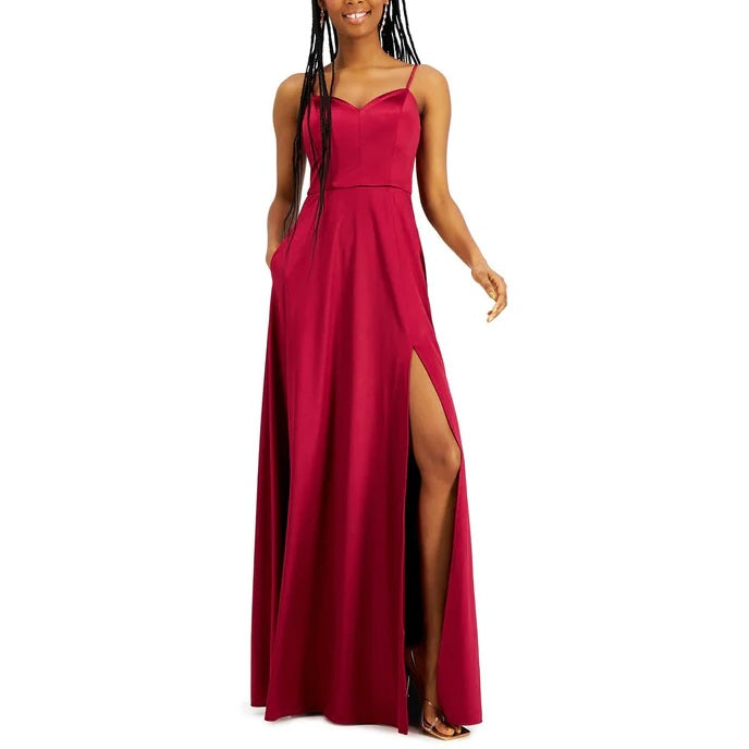 11216 Burgundy, A-line satin dress with sweetheart neckline and pockets. Size 8.