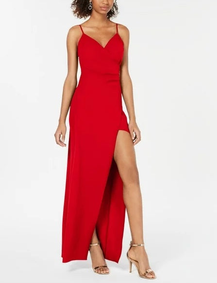 11219 Red, semi fitted crepe dress with sweetheart neckline and split. Size 10.