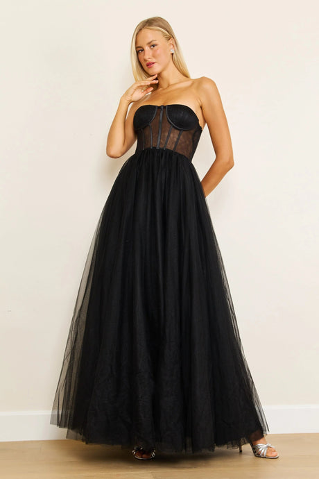 11232B Black tulle princess ball gown with corset bodice. Size 4-6 and 6-8.