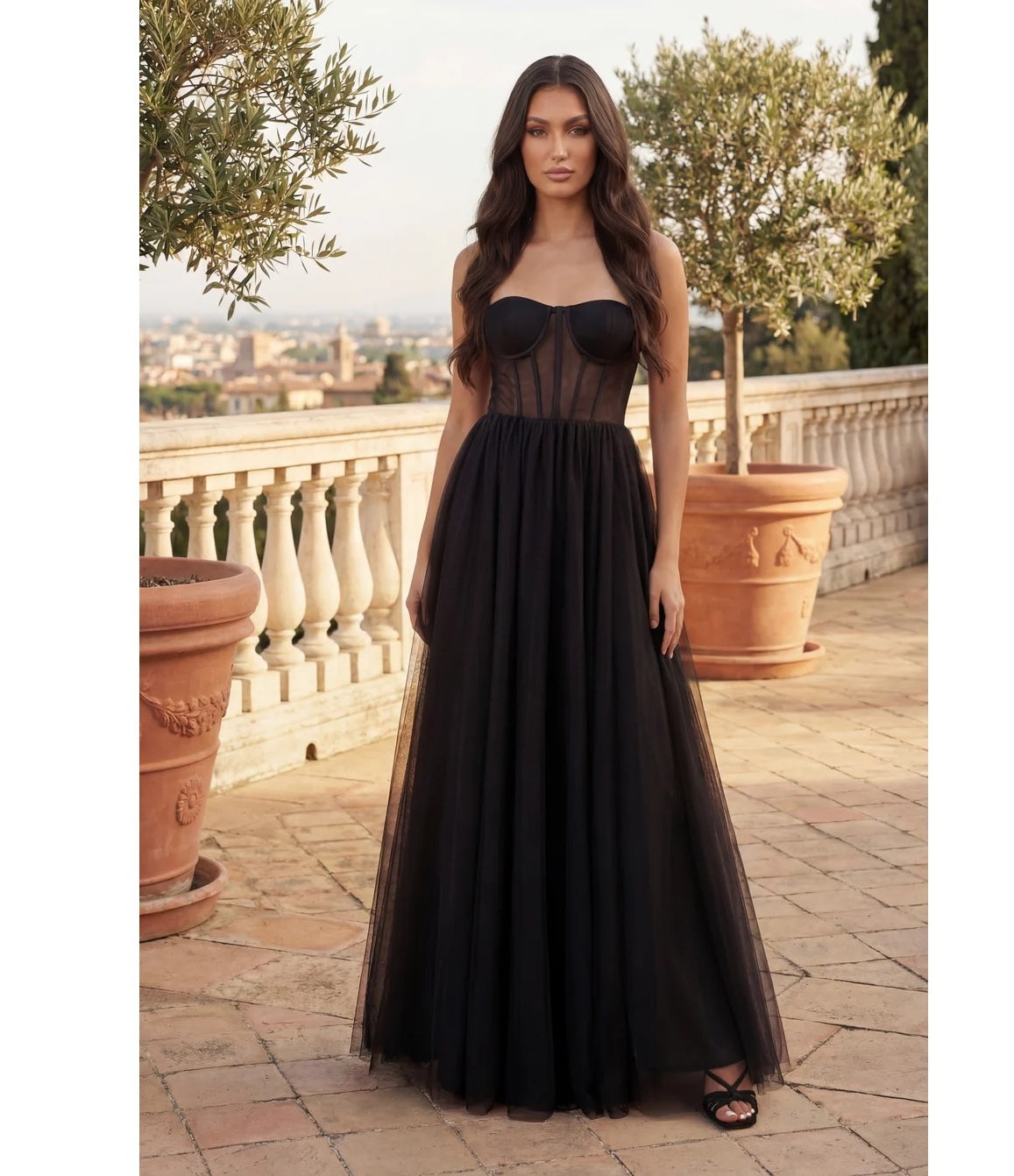 11232B Black tulle princess ball gown with corset bodice