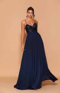 11241 Navy Blue. Elegant  A line with sequin bodice. Size 6 and 10