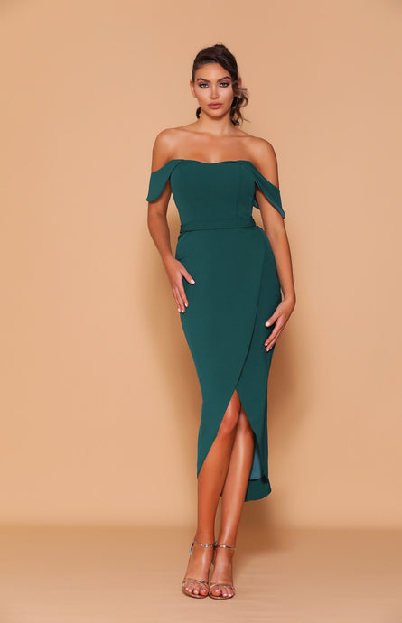 11243 Emerald, off the shoulder, midi length. Tulip skirt. Size 16 and 18