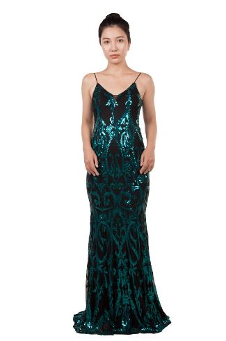 11254 Black and Teal semi fitted sequin gown. Size 16