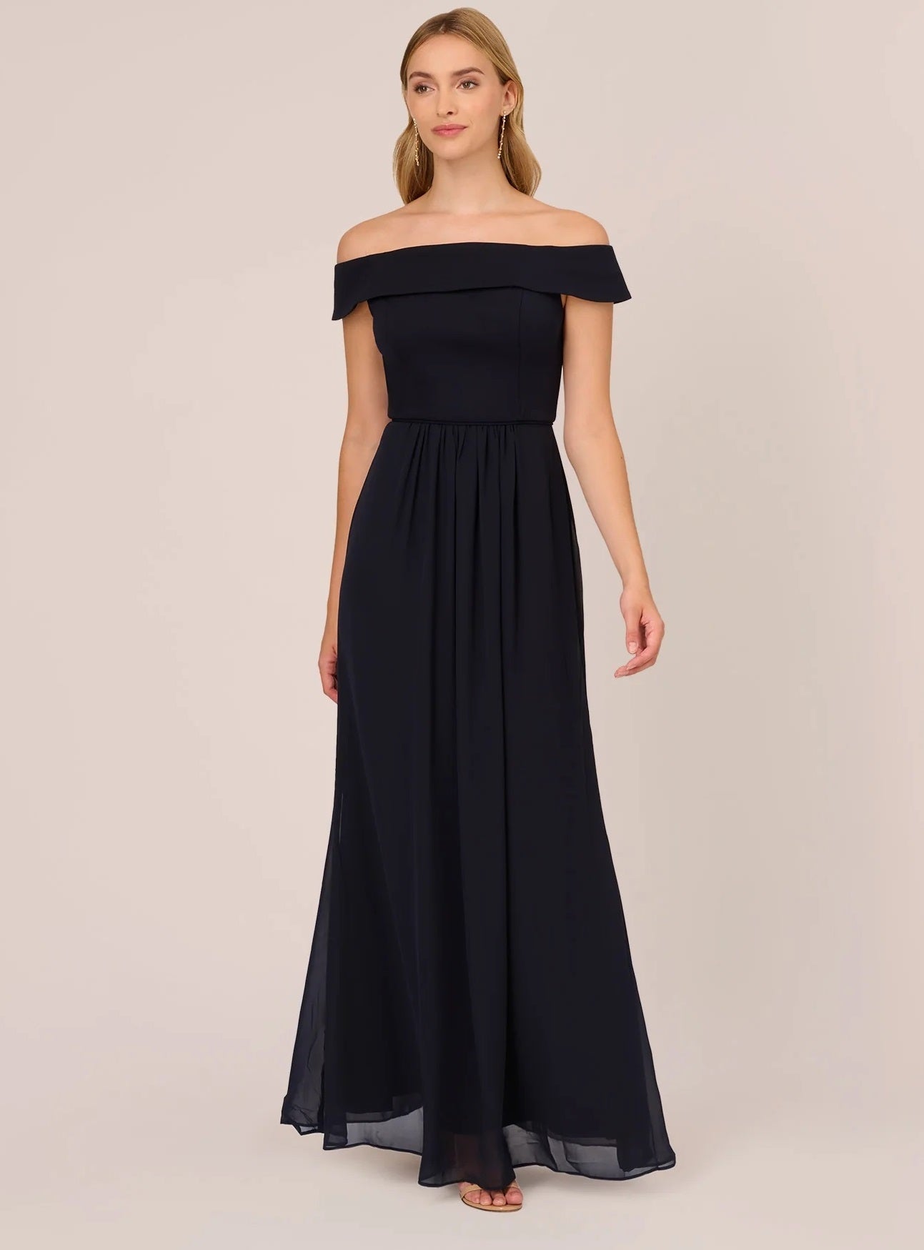 11317  Navy crepe off shoulder bodice. A line chiffon skirt. Size 20.