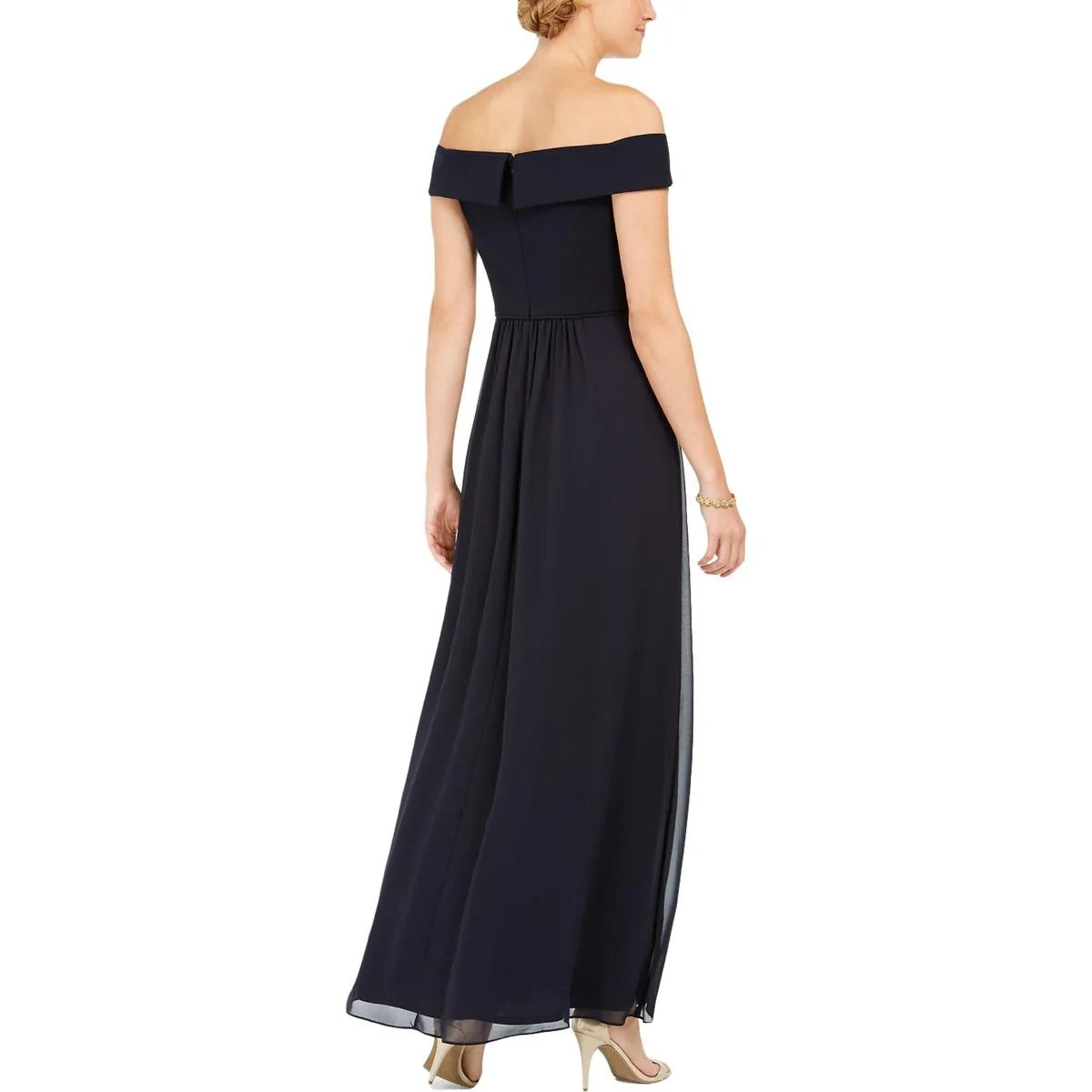 11317  Navy crepe off shoulder bodice. A line chiffon skirt.