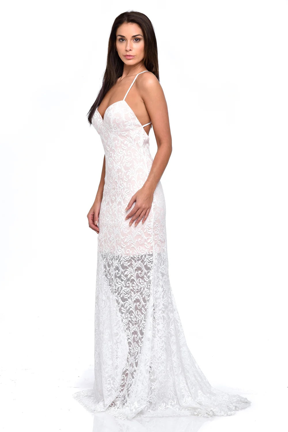 11330- Lace on blush mini with lace fishtail maxi overlay.