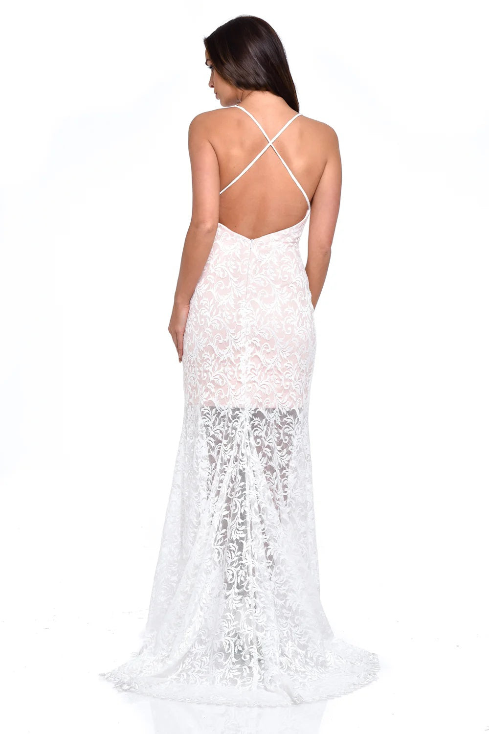 11330- Lace on blush mini with lace fishtail maxi overlay.