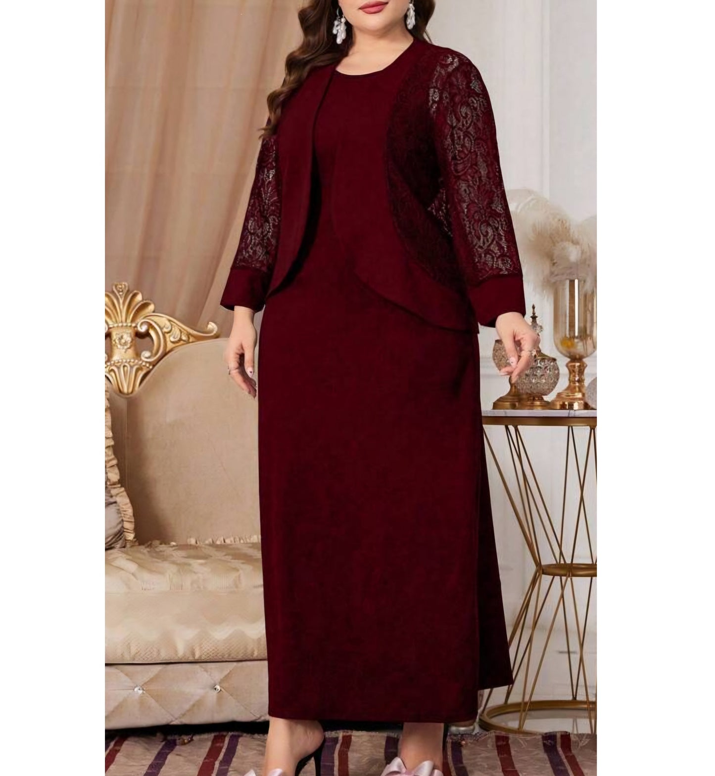 11354 Burgundy crepe and lace 2 piece.