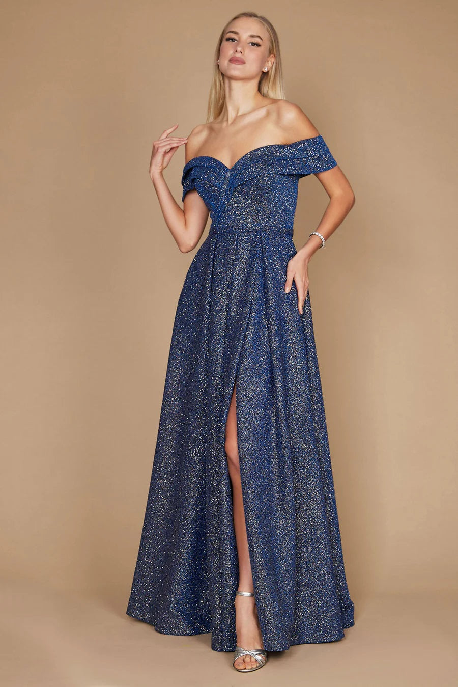 11370 Soft royal sparkle A-line, off shoulder with split