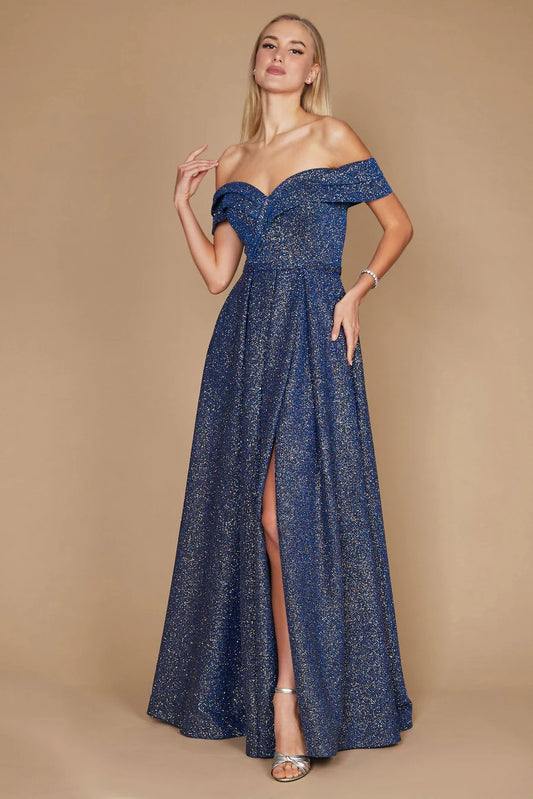 11370 Soft royal sparkle A-line, off shoulder with split.